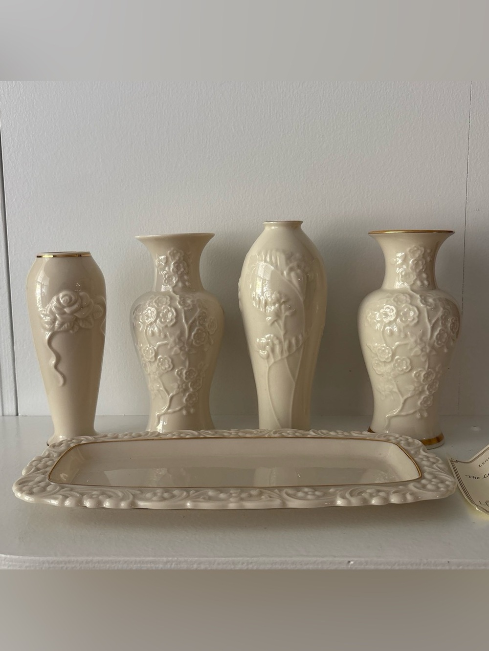 Lenox Cream Ceramic Floral Relief Vase Set with Gold Trim Accent